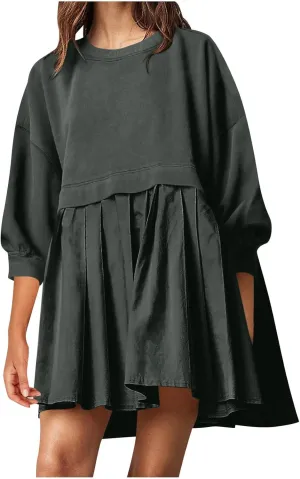 Casual Dresses for Women Plus Size Fall Fashion Long Sleeve Crewneck Patchwork Sweatshirt Dress Sweet Cute Pullover
