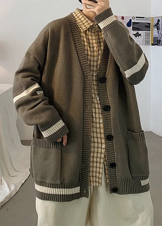 Casual Grey Striped Pockets Knit Mens Cardigans Spring