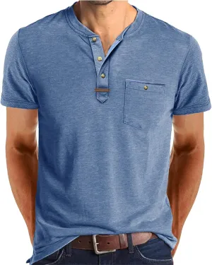 Casual Henley Shirts for Men Classic Button Up Cotton Short Sleeve T-Shirt Summer Basic Solid Lightweight Tees Tops