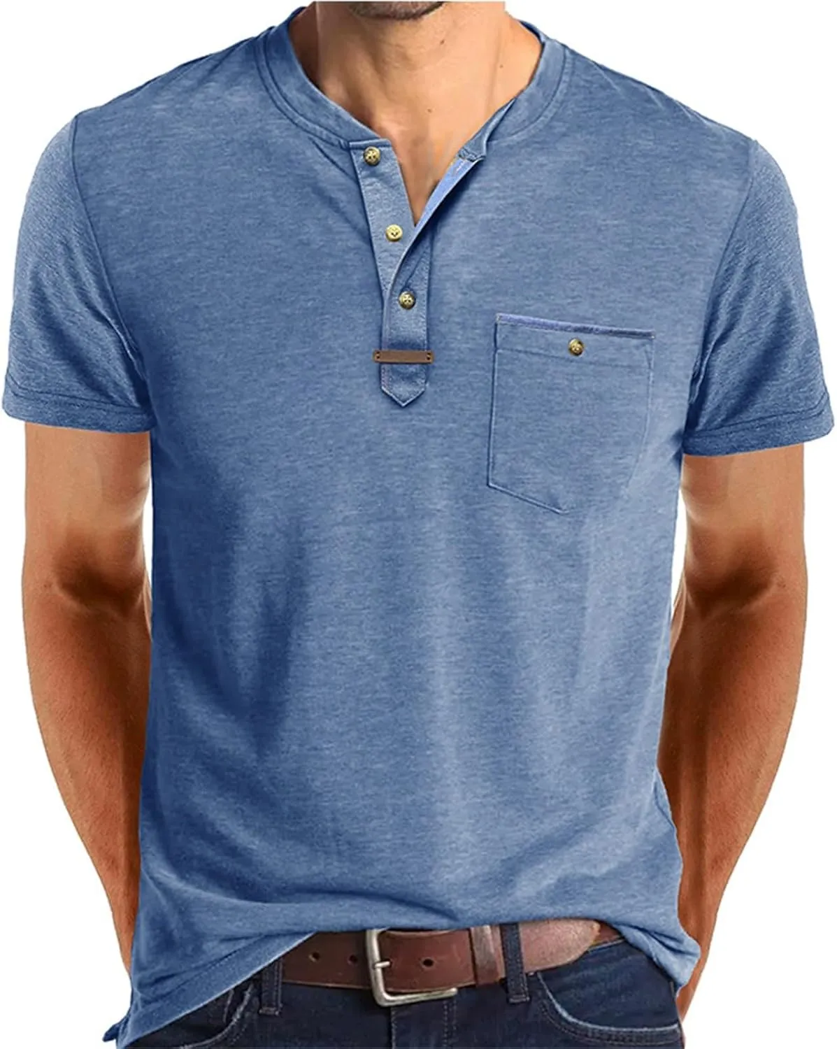 Casual Henley Shirts for Men Classic Button Up Cotton Short Sleeve T-Shirt Summer Basic Solid Lightweight Tees Tops