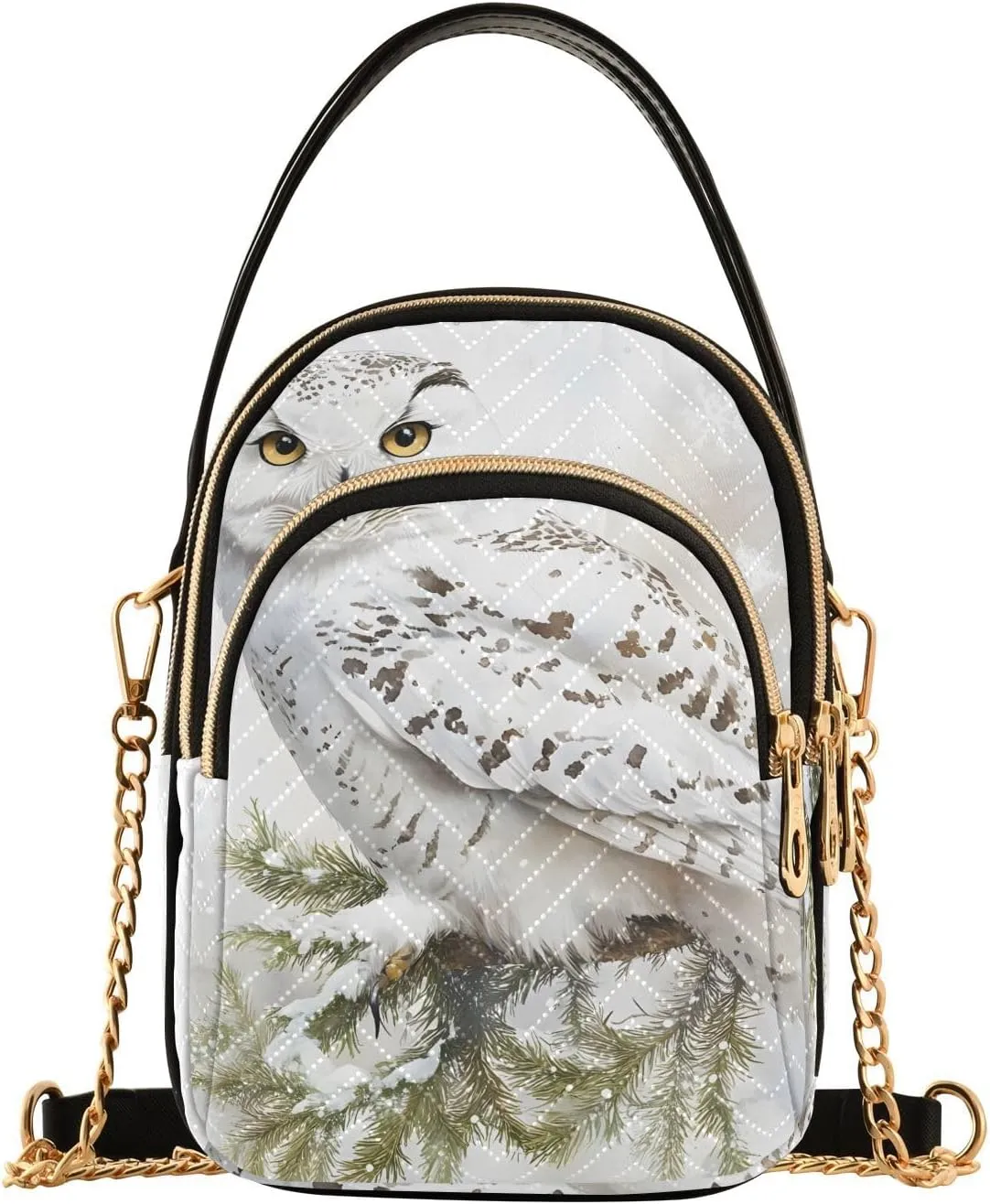 Chain Crossbody Bags for Women White Owl Branch Snowflake Quilted Shoulder Handbags Travel Cross Body Cell Phone Purses Bags