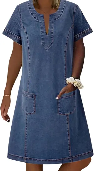 CHARTOU Women Denim Dress Short Sleeve Mini Jean Dress Jumper Babydoll Summer Shift Dress