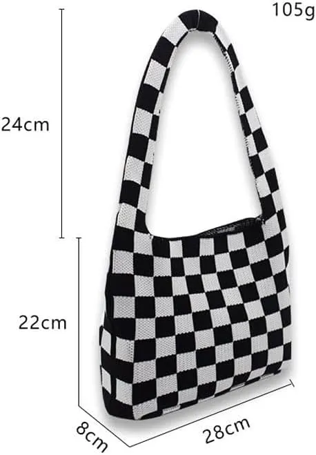 Checkered Tote Bag, Stylish Knitted Tote Bag with Chessboard Pattern, Shoulder Bag for Women