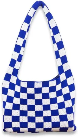 Checkered Tote Bag, Stylish Knitted Tote Bag with Chessboard Pattern, Shoulder Bag for Women