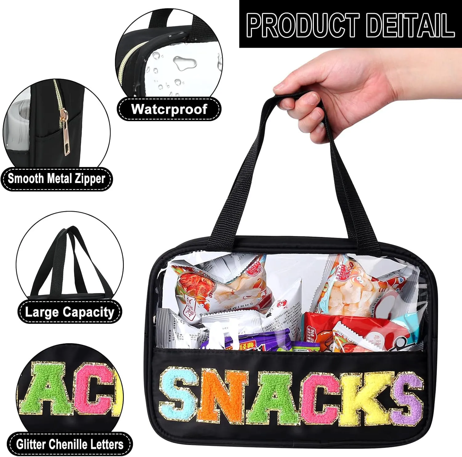 Chenille Letter Patch Clear Bag,Preppy Multi-purpose PVC&Nylon Clear Makeup Bag with Handles,Large Travel Makeup Toiletry Storage Zipper Pouch, Tote Bag for Women (Black-SNACKS)