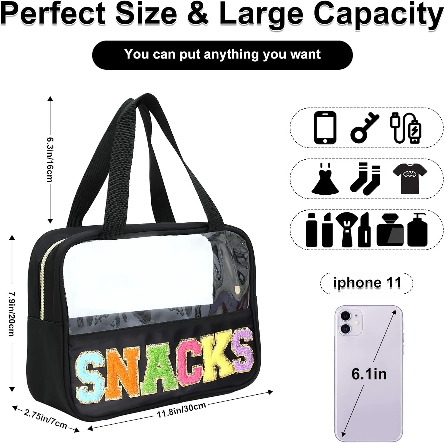 Chenille Letter Patch Clear Bag,Preppy Multi-purpose PVC&Nylon Clear Makeup Bag with Handles,Large Travel Makeup Toiletry Storage Zipper Pouch, Tote Bag for Women (Black-SNACKS)