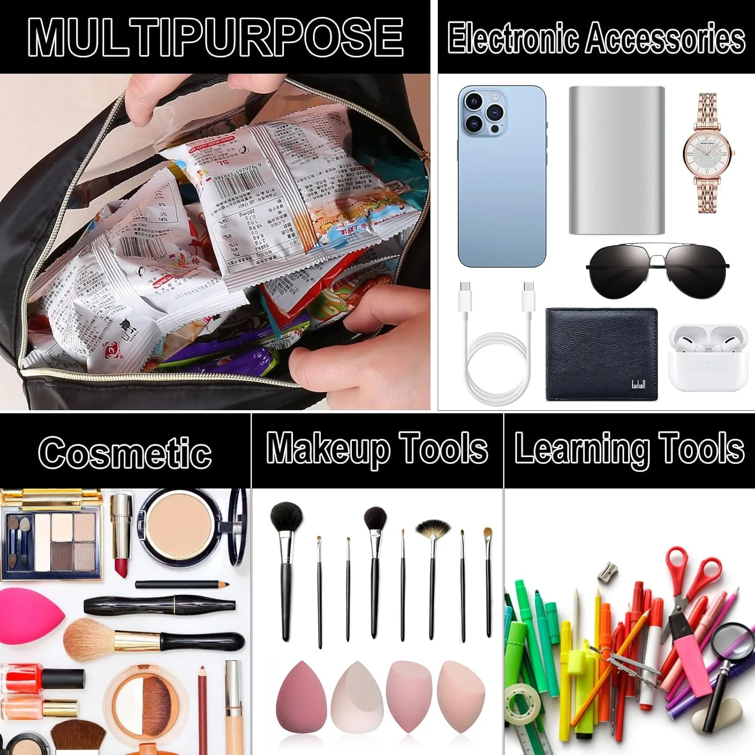 Chenille Letter Patch Clear Bag,Preppy Multi-purpose PVC&Nylon Clear Makeup Bag with Handles,Large Travel Makeup Toiletry Storage Zipper Pouch, Tote Bag for Women (Black-SNACKS)