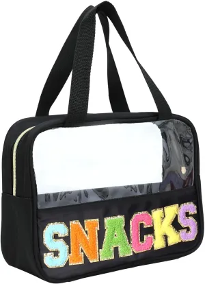 Chenille Letter Patch Clear Bag,Preppy Multi-purpose PVC&Nylon Clear Makeup Bag with Handles,Large Travel Makeup Toiletry Storage Zipper Pouch, Tote Bag for Women (Black-SNACKS)