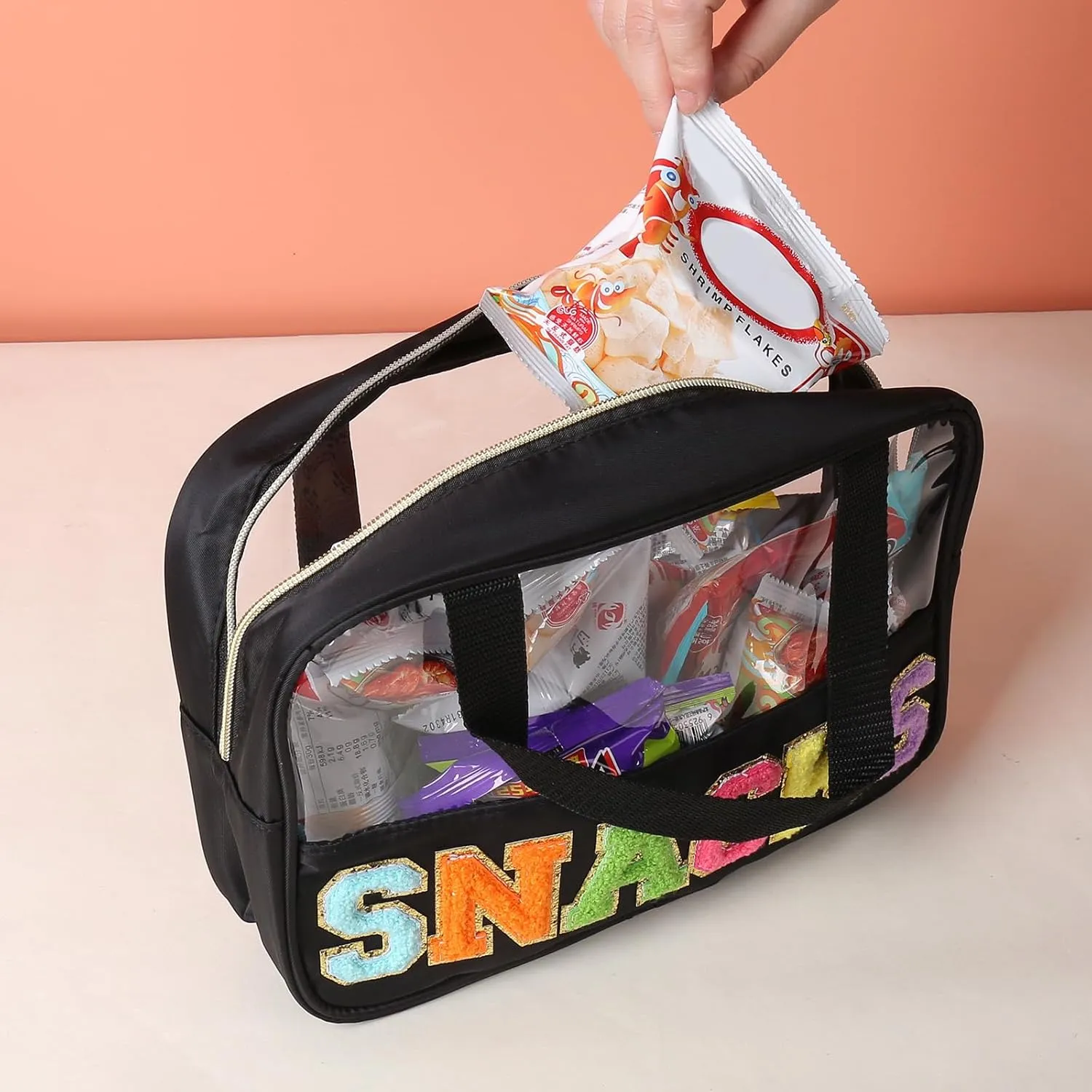 Chenille Letter Patch Clear Bag,Preppy Multi-purpose PVC&Nylon Clear Makeup Bag with Handles,Large Travel Makeup Toiletry Storage Zipper Pouch, Tote Bag for Women (Black-SNACKS)