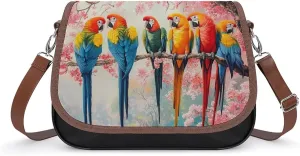 Cherry Flowers Parrot Bird Crossbody Bags for Women Leather Tote Bag Handbag Purse for Work Travel