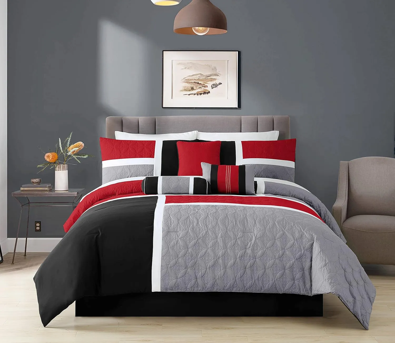 Chezmoi Collection 7-Piece Quilted Patchwork Comforter Set, Red/Gray/Black, King