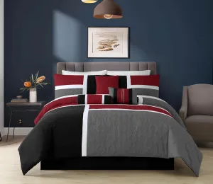 Chezmoi Collection 7-Piece Quilted Patchwork Comforter Set, Red/Gray/Black, King