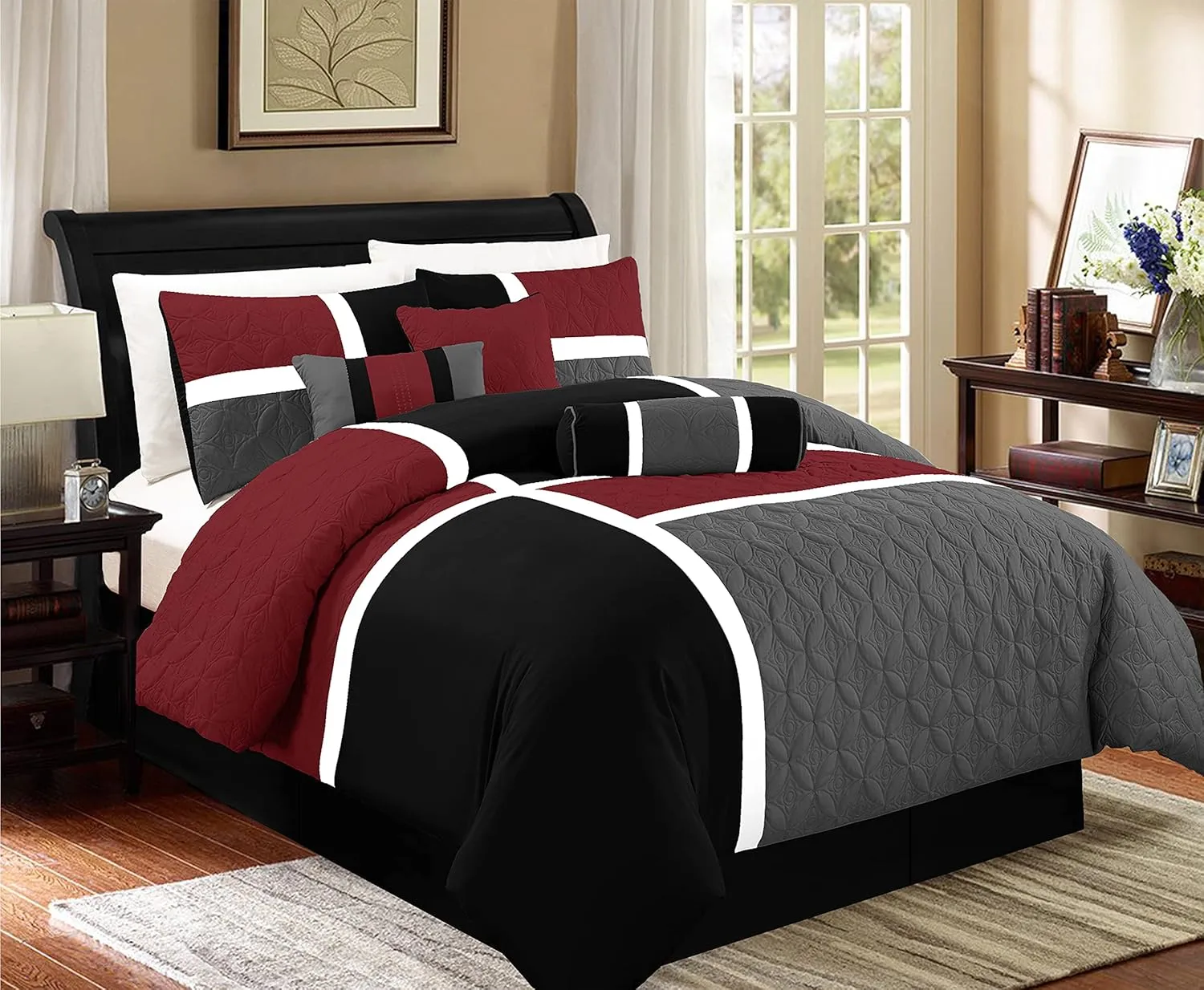 Chezmoi Collection 7-Piece Quilted Patchwork Comforter Set, Red/Gray/Black, King