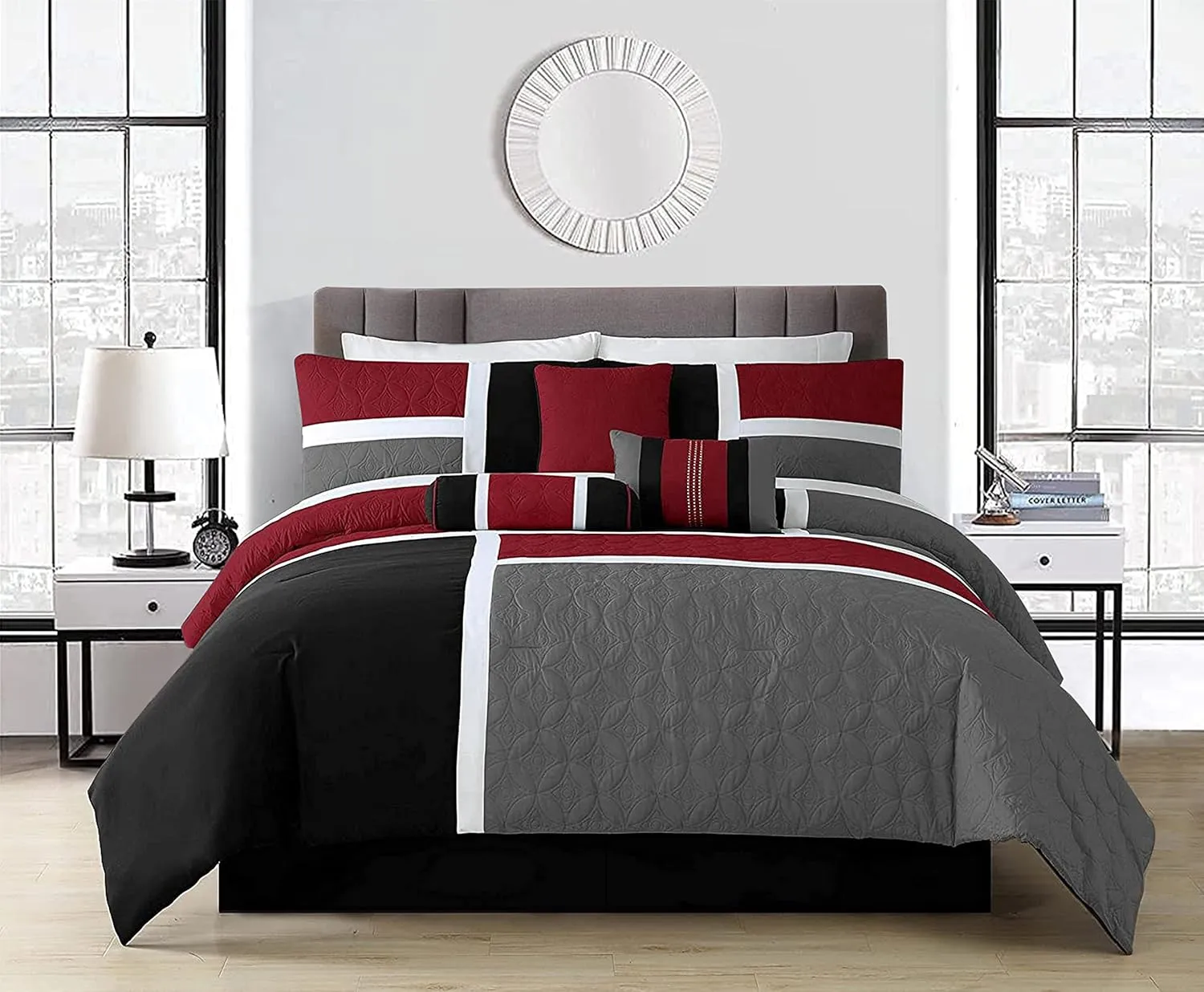 Chezmoi Collection 7-Piece Quilted Patchwork Comforter Set, Red/Gray/Black, King