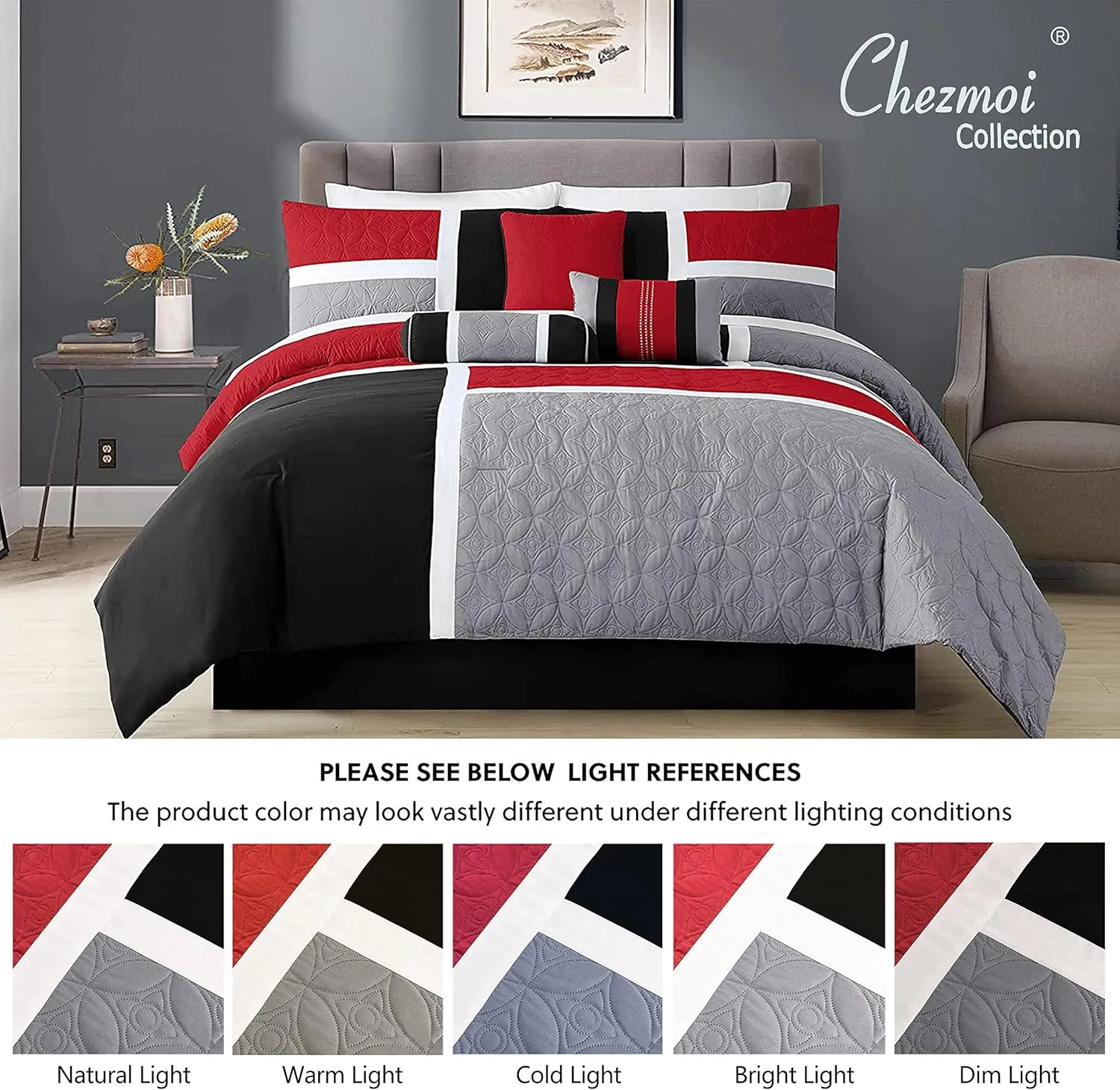 Chezmoi Collection 7-Piece Quilted Patchwork Comforter Set, Red/Gray/Black, King
