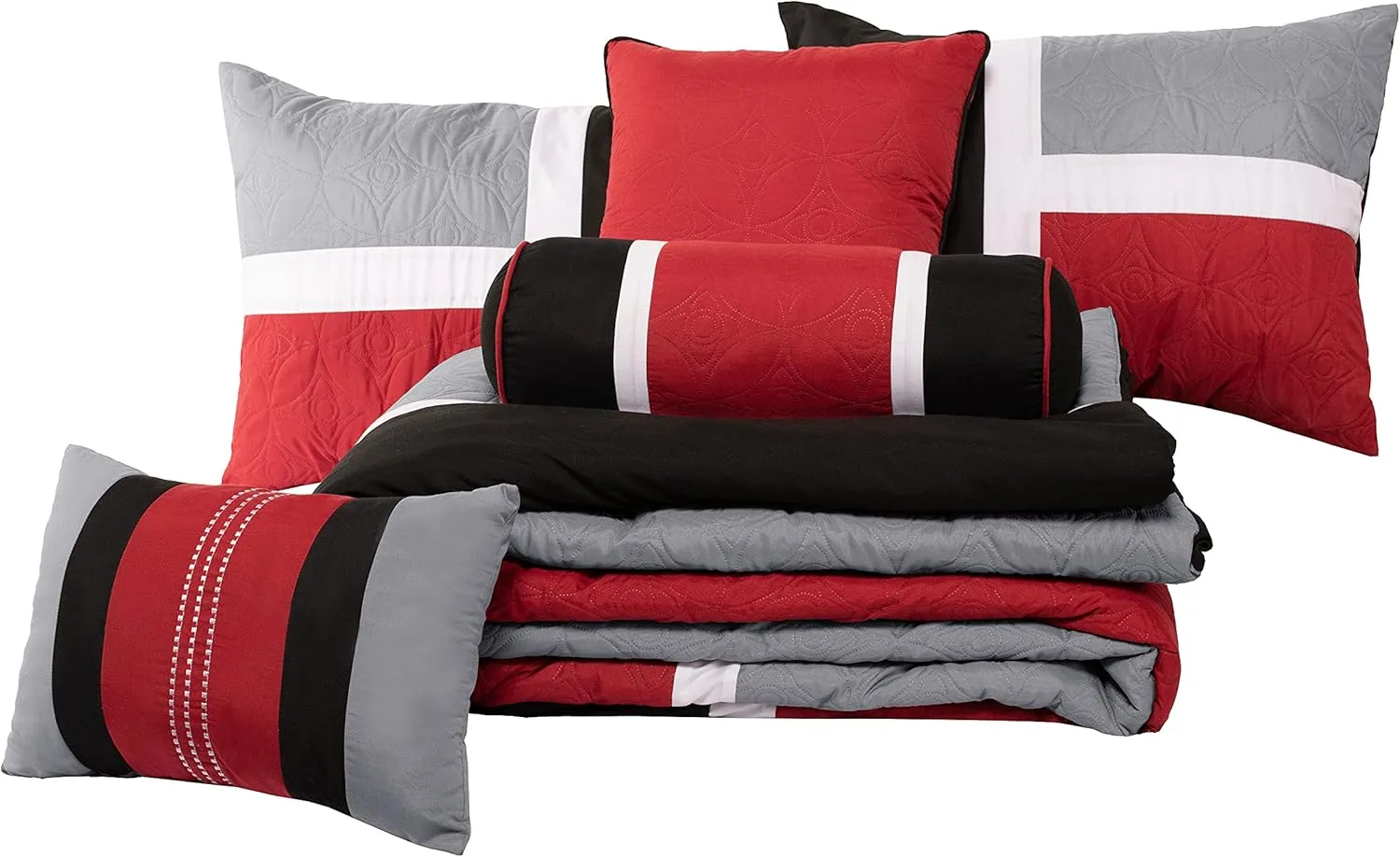 Chezmoi Collection 7-Piece Quilted Patchwork Comforter Set, Red/Gray/Black, King