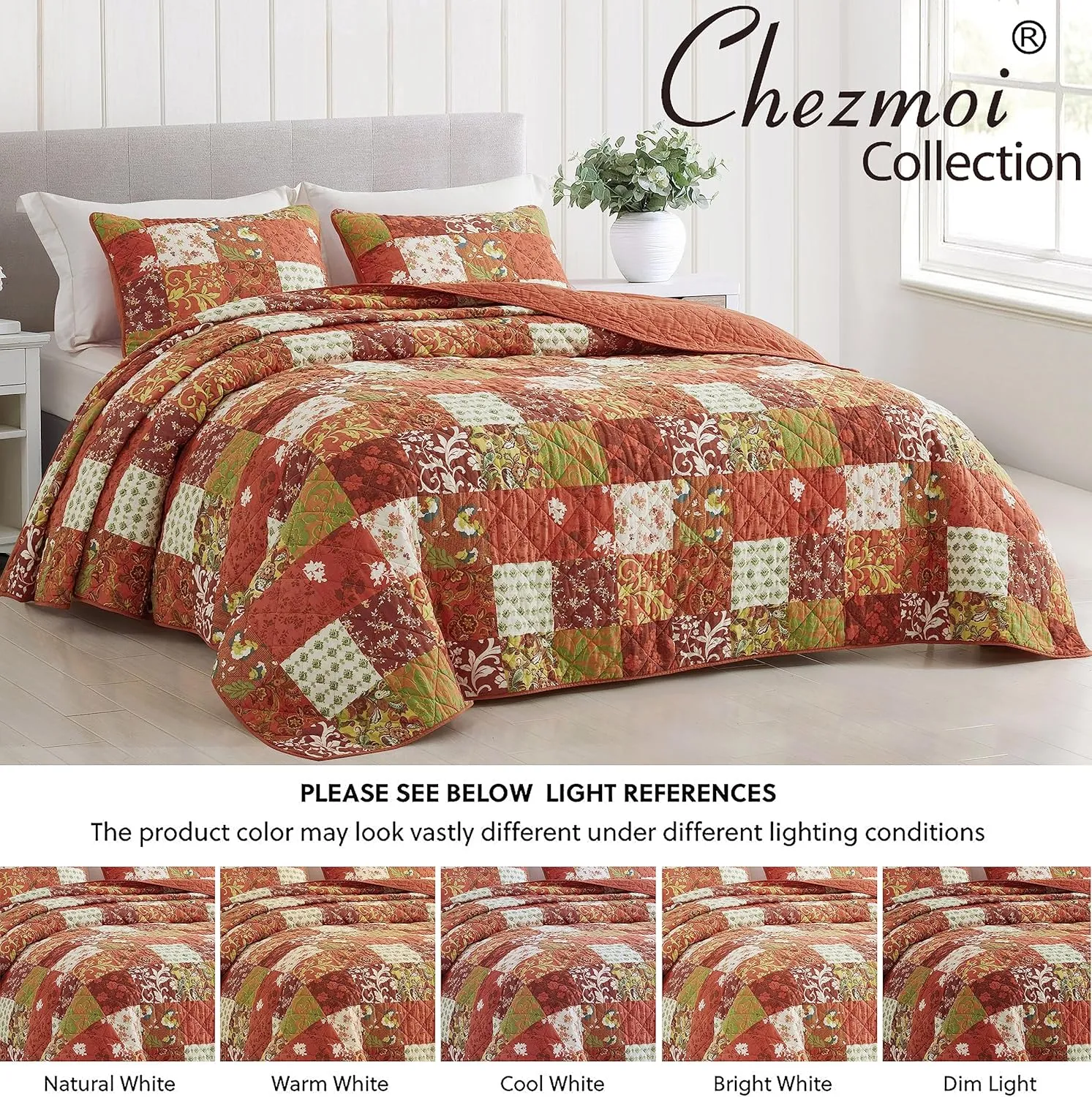 Chezmoi Collection Leilani 3-Piece Boho Washed Cotton Quilt Set King Size - Bohemian Quilted Bedding Orange Green White Floral Printed Patchwork Lightweight Bedspread Set for All Season