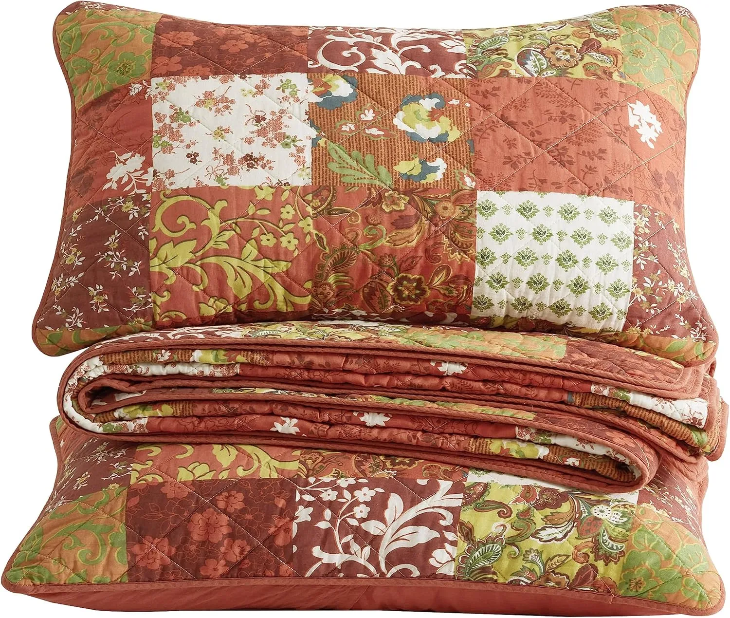 Chezmoi Collection Leilani 3-Piece Boho Washed Cotton Quilt Set King Size - Bohemian Quilted Bedding Orange Green White Floral Printed Patchwork Lightweight Bedspread Set for All Season