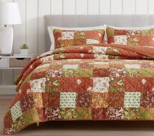 Chezmoi Collection Leilani 3-Piece Boho Washed Cotton Quilt Set King Size - Bohemian Quilted Bedding Orange Green White Floral Printed Patchwork Lightweight Bedspread Set for All Season