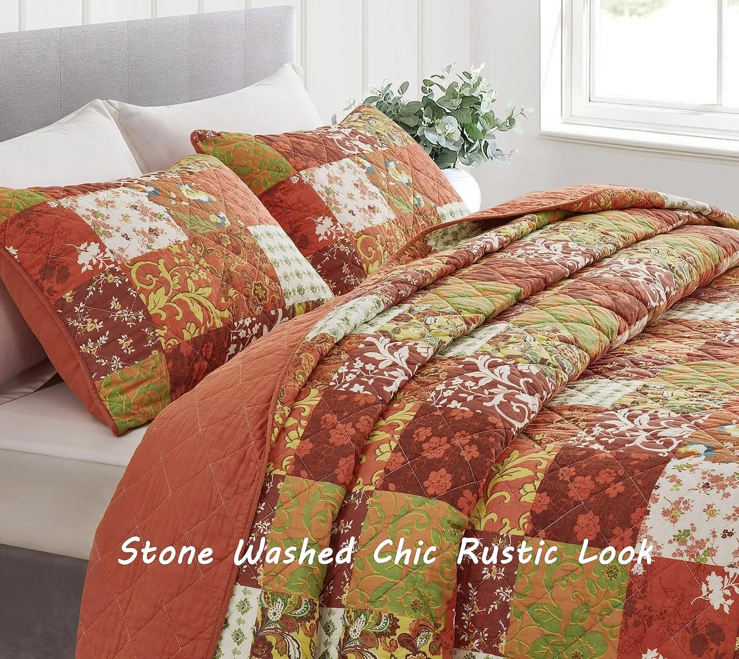 Chezmoi Collection Leilani 3-Piece Boho Washed Cotton Quilt Set King Size - Bohemian Quilted Bedding Orange Green White Floral Printed Patchwork Lightweight Bedspread Set for All Season