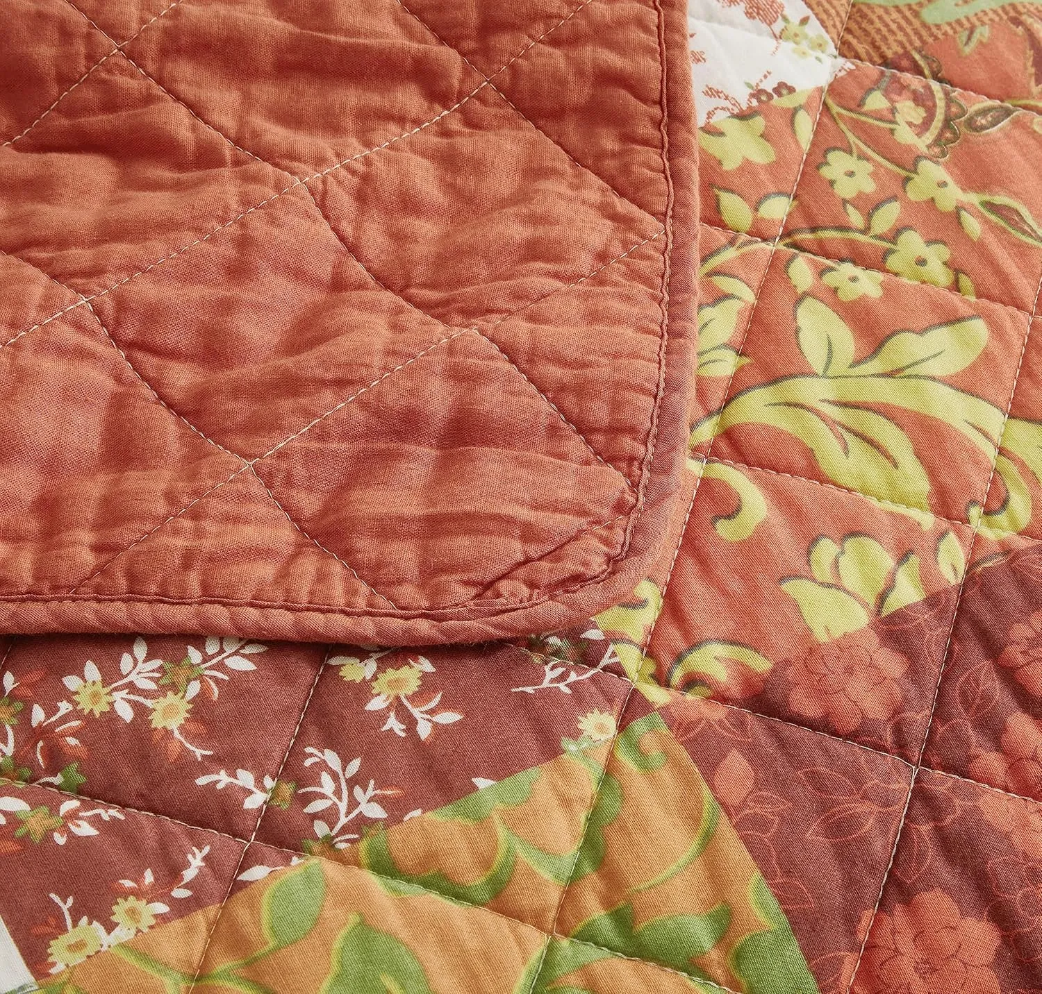 Chezmoi Collection Leilani 3-Piece Boho Washed Cotton Quilt Set King Size - Bohemian Quilted Bedding Orange Green White Floral Printed Patchwork Lightweight Bedspread Set for All Season