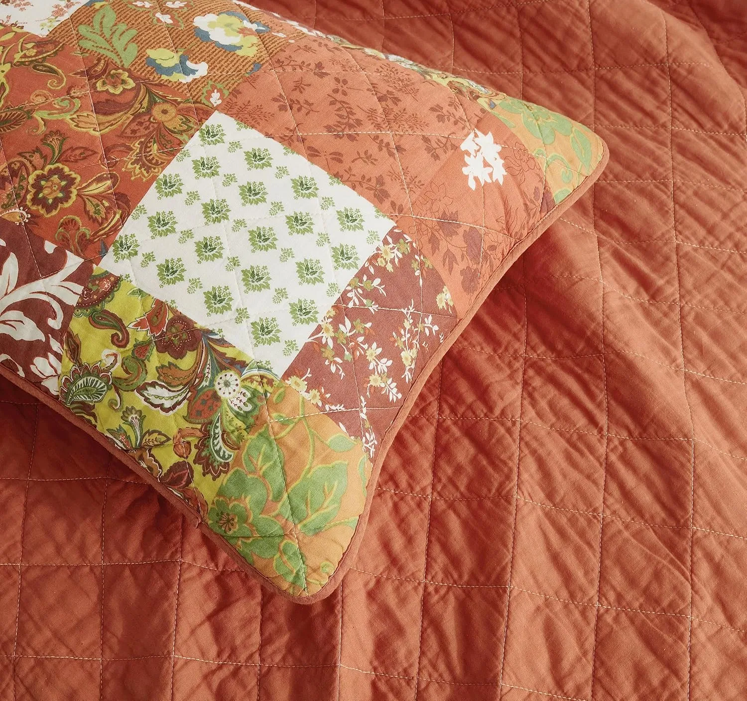 Chezmoi Collection Leilani 3-Piece Boho Washed Cotton Quilt Set King Size - Bohemian Quilted Bedding Orange Green White Floral Printed Patchwork Lightweight Bedspread Set for All Season