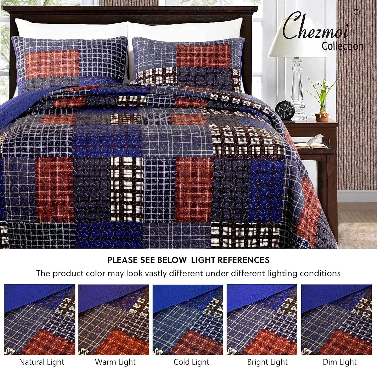Chezmoi Collection Sherman 3-Piece Lodge Quilt Set - Plaid Patchwork Printed Pre-Washed Microfiber Bedspread Set, King Size