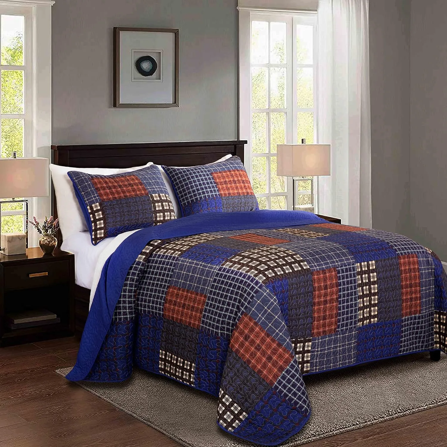 Chezmoi Collection Sherman 3-Piece Lodge Quilt Set - Plaid Patchwork Printed Pre-Washed Microfiber Bedspread Set, King Size