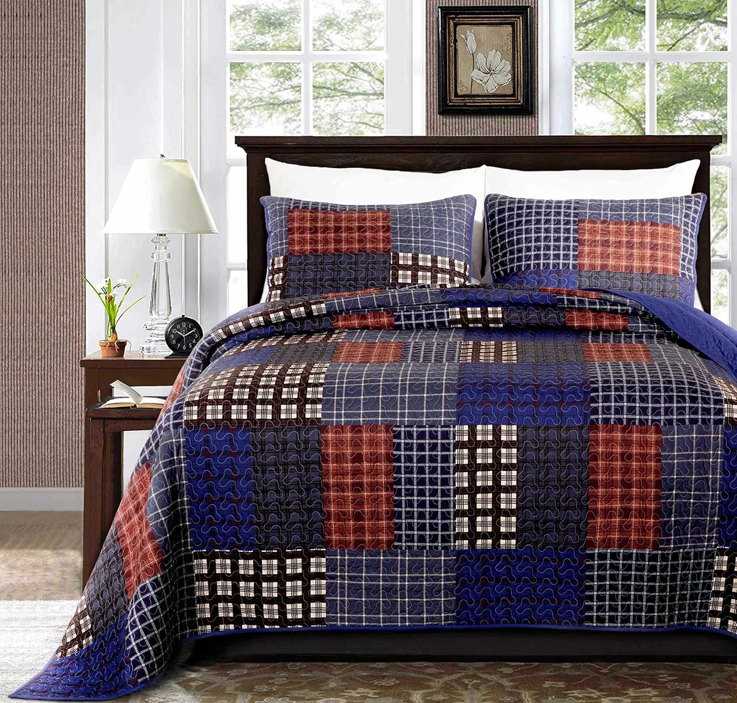 Chezmoi Collection Sherman 3-Piece Lodge Quilt Set - Plaid Patchwork Printed Pre-Washed Microfiber Bedspread Set, King Size