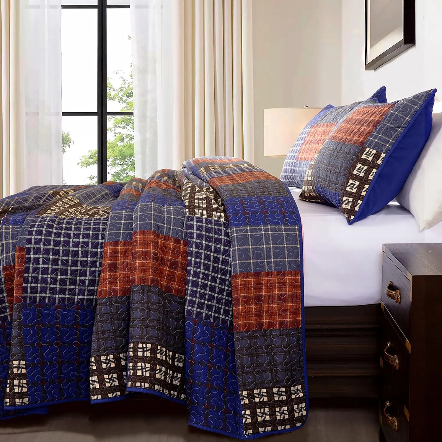 Chezmoi Collection Sherman 3-Piece Lodge Quilt Set - Plaid Patchwork Printed Pre-Washed Microfiber Bedspread Set, King Size