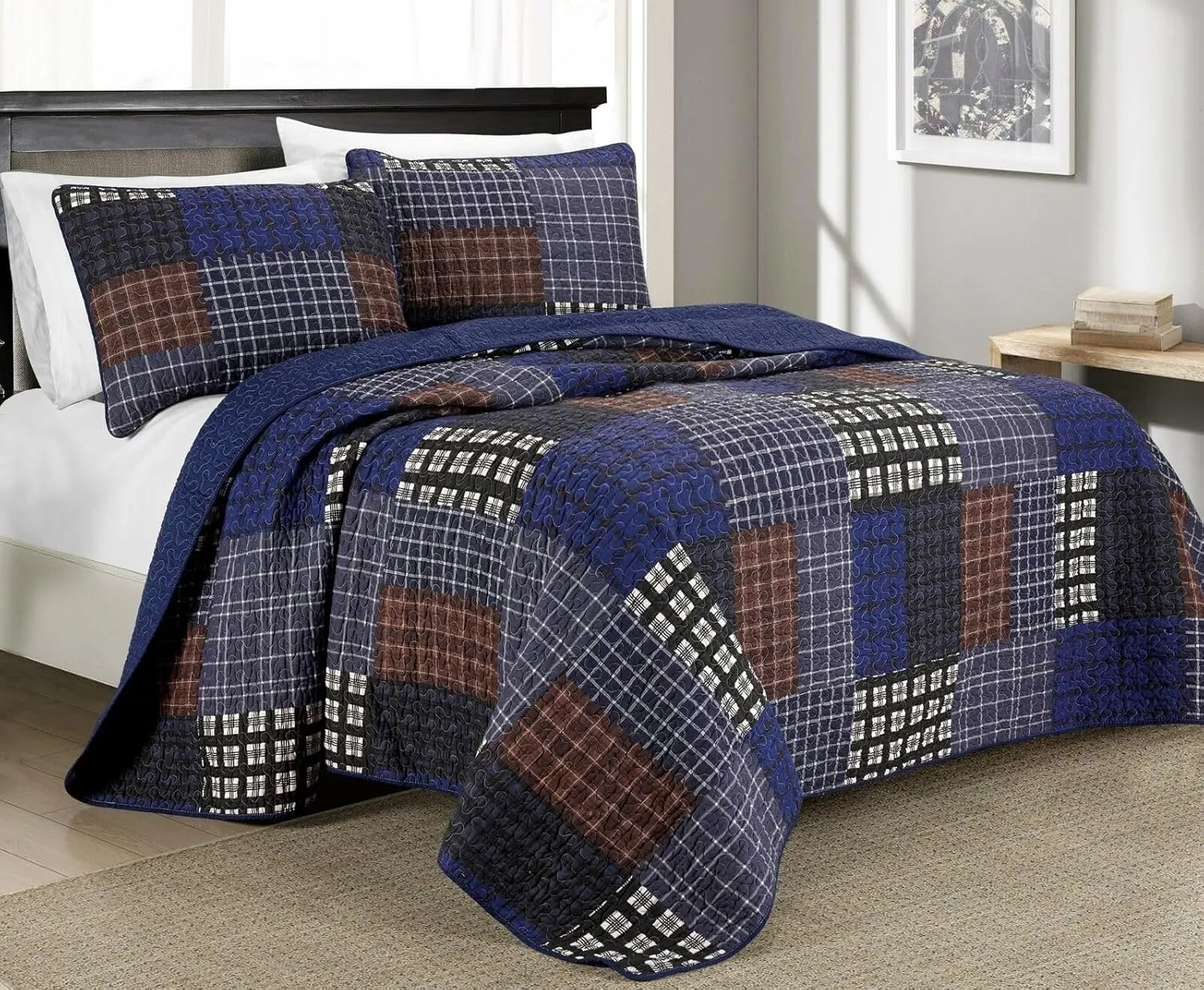 Chezmoi Collection Sherman 3-Piece Lodge Quilt Set - Plaid Patchwork Printed Pre-Washed Microfiber Bedspread Set, King Size
