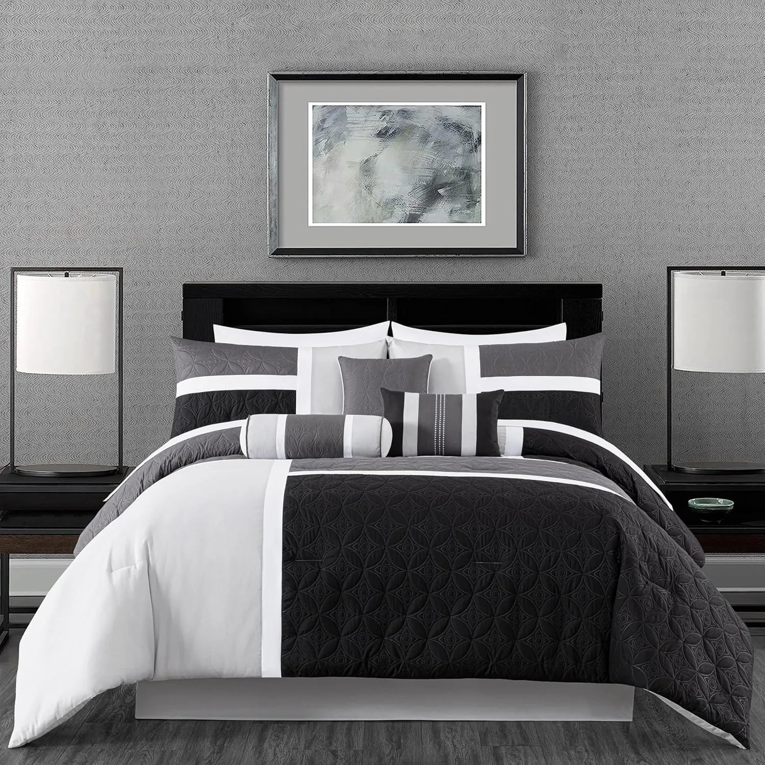 Chezmoi Collection Upland 7-Piece Quilted Patchwork Comforter Set, Black/Gray/Light Gray, King