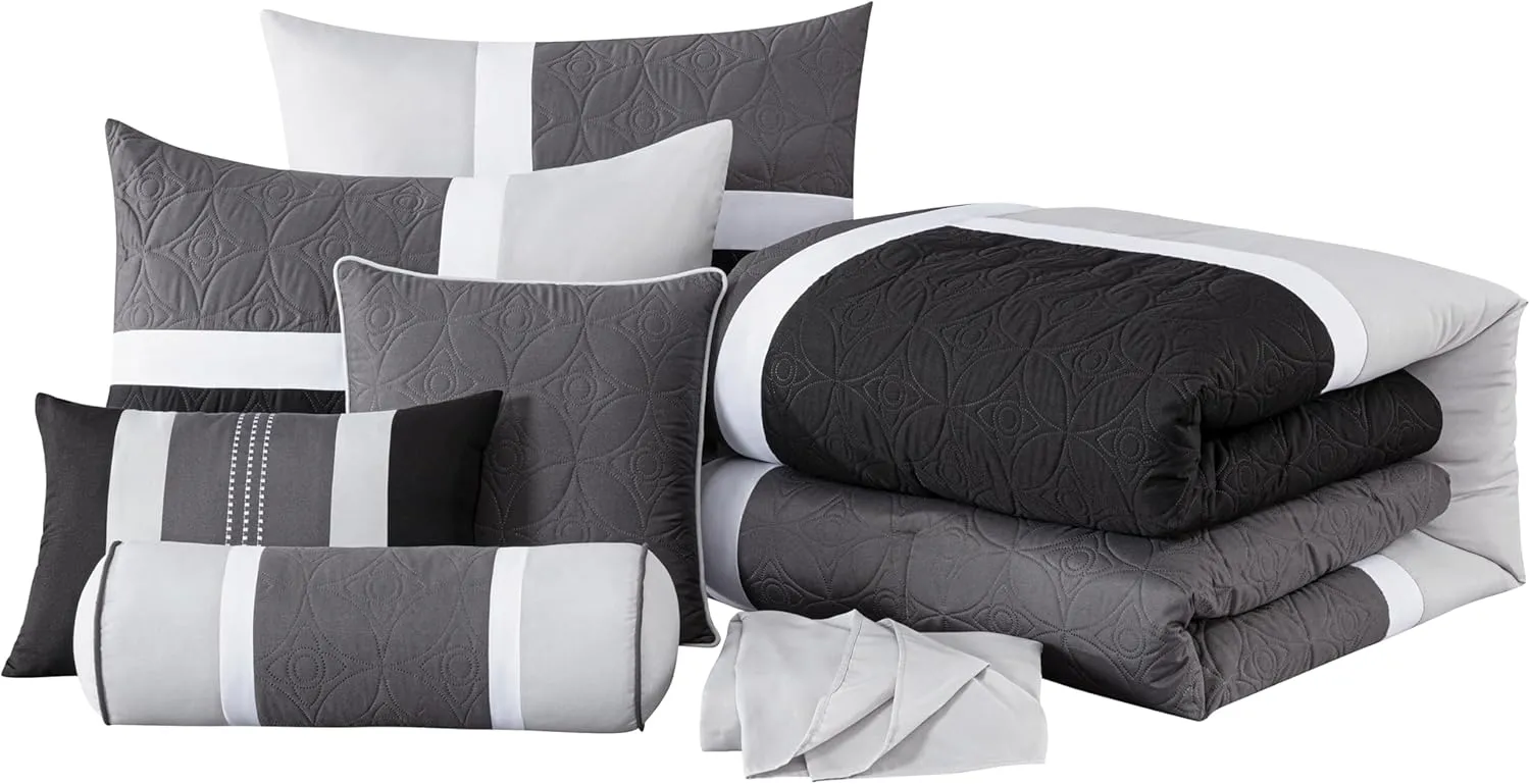 Chezmoi Collection Upland 7-Piece Quilted Patchwork Comforter Set, Black/Gray/Light Gray, King