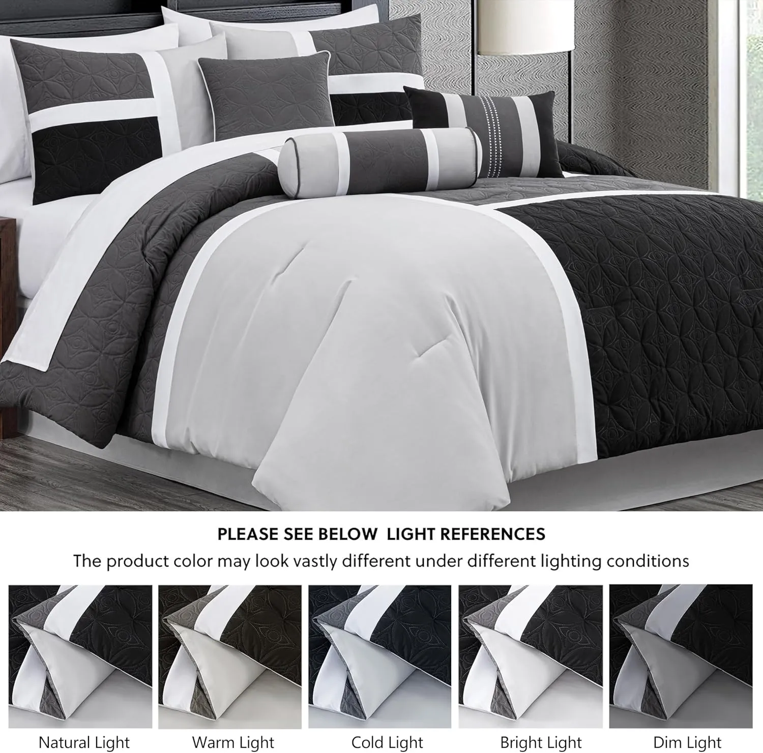 Chezmoi Collection Upland 7-Piece Quilted Patchwork Comforter Set, Black/Gray/Light Gray, King