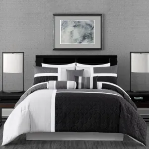 Chezmoi Collection Upland 7-Piece Quilted Patchwork Comforter Set, Black/Gray/Light Gray, King
