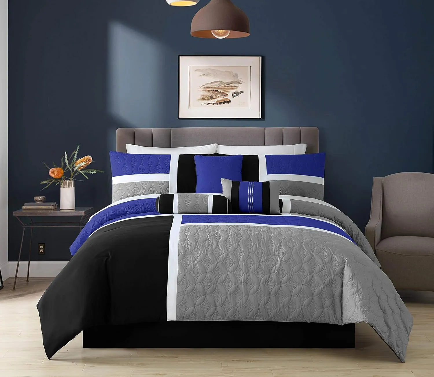 Chezmoi Collection Upland 7-Piece Quilted Patchwork Comforter Set, Blue/Black/Gray, King