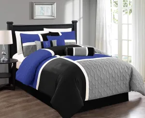 Chezmoi Collection Upland 7-Piece Quilted Patchwork Comforter Set, Blue/Black/Gray, King