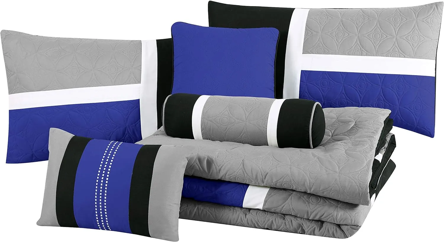 Chezmoi Collection Upland 7-Piece Quilted Patchwork Comforter Set, Blue/Black/Gray, King
