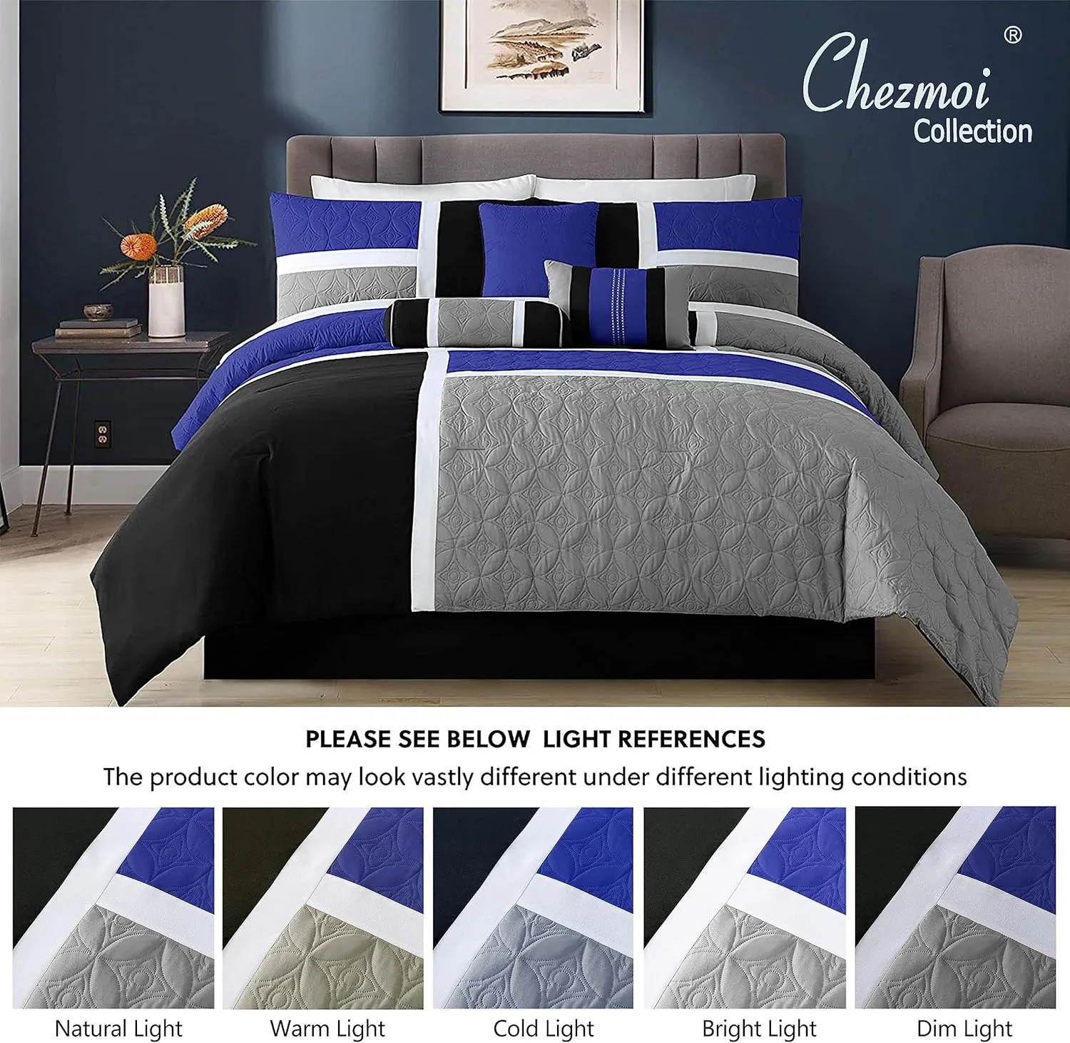 Chezmoi Collection Upland 7-Piece Quilted Patchwork Comforter Set, Blue/Black/Gray, King