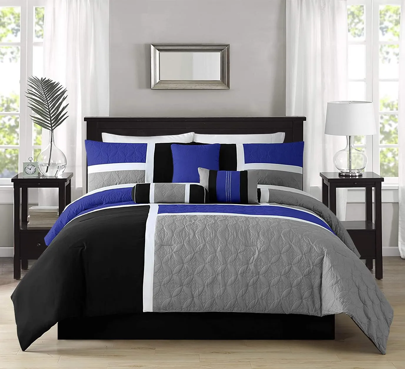 Chezmoi Collection Upland 7-Piece Quilted Patchwork Comforter Set, Blue/Black/Gray, King