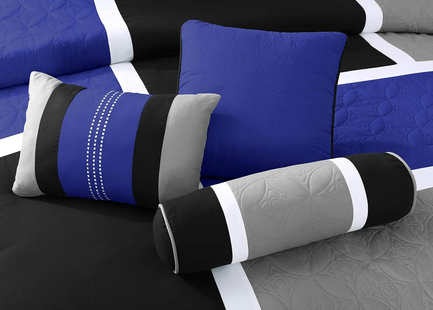 Chezmoi Collection Upland 7-Piece Quilted Patchwork Comforter Set, Blue/Black/Gray, King