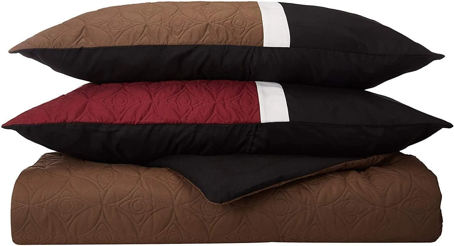 Chezmoi Collection Upland 7-Piece Quilted Patchwork Comforter Set, Burgundy/Black/Brown, King