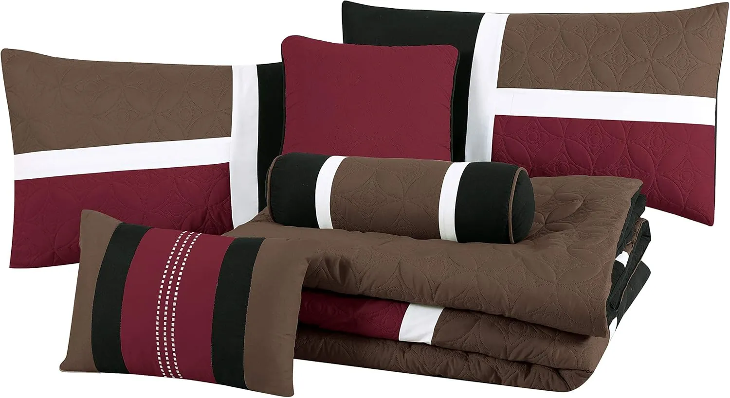 Chezmoi Collection Upland 7-Piece Quilted Patchwork Comforter Set, Burgundy/Black/Brown, King