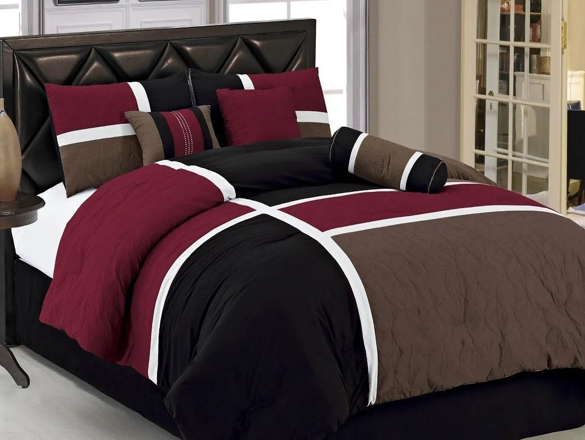 Chezmoi Collection Upland 7-Piece Quilted Patchwork Comforter Set, Burgundy/Black/Brown, King