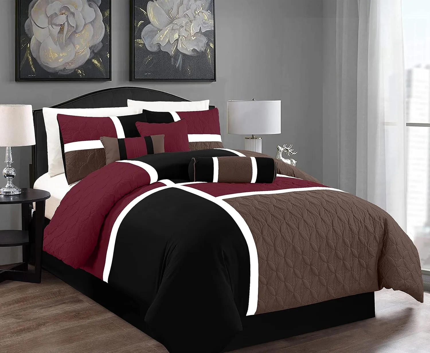 Chezmoi Collection Upland 7-Piece Quilted Patchwork Comforter Set, Burgundy/Black/Brown, King