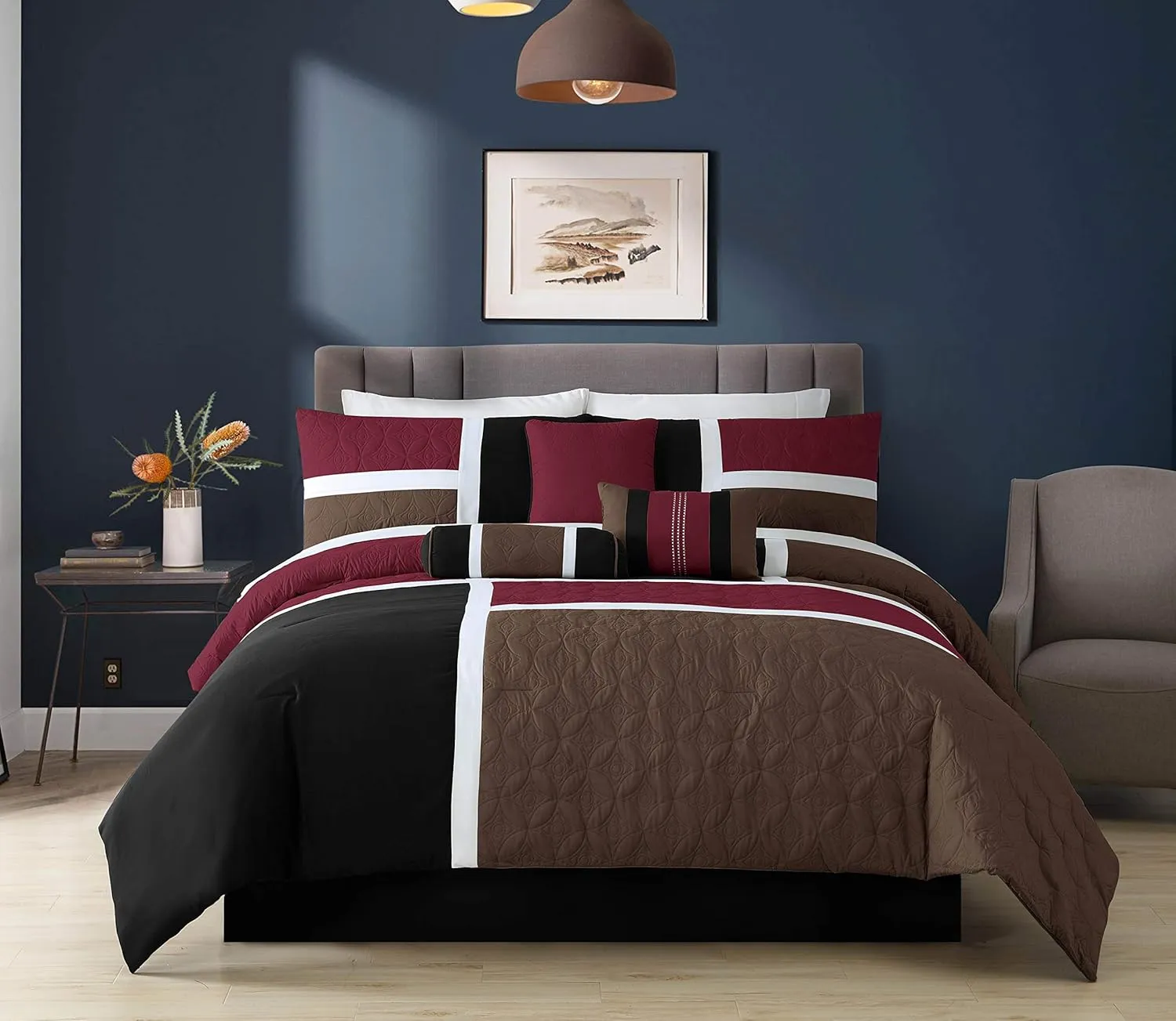 Chezmoi Collection Upland 7-Piece Quilted Patchwork Comforter Set, Burgundy/Black/Brown, King