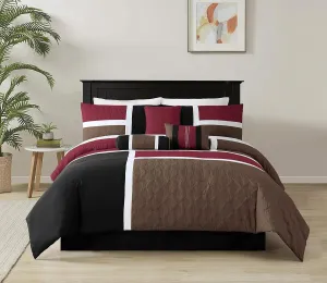 Chezmoi Collection Upland 7-Piece Quilted Patchwork Comforter Set, Burgundy/Black/Brown, King