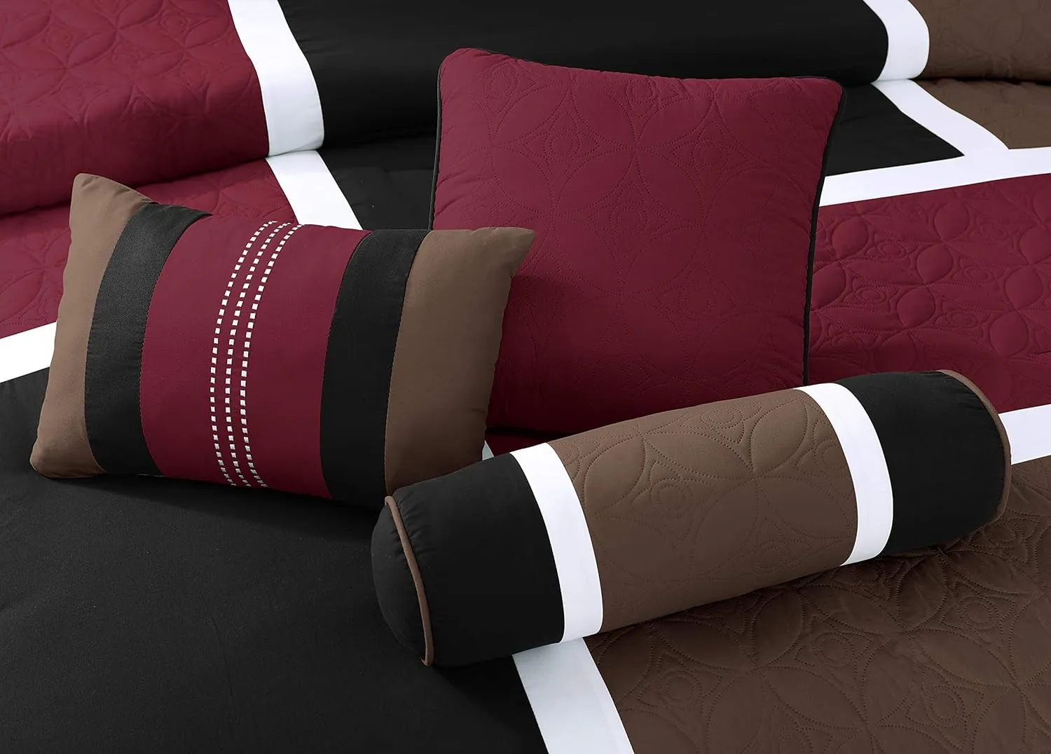 Chezmoi Collection Upland 7-Piece Quilted Patchwork Comforter Set, Burgundy/Black/Brown, King