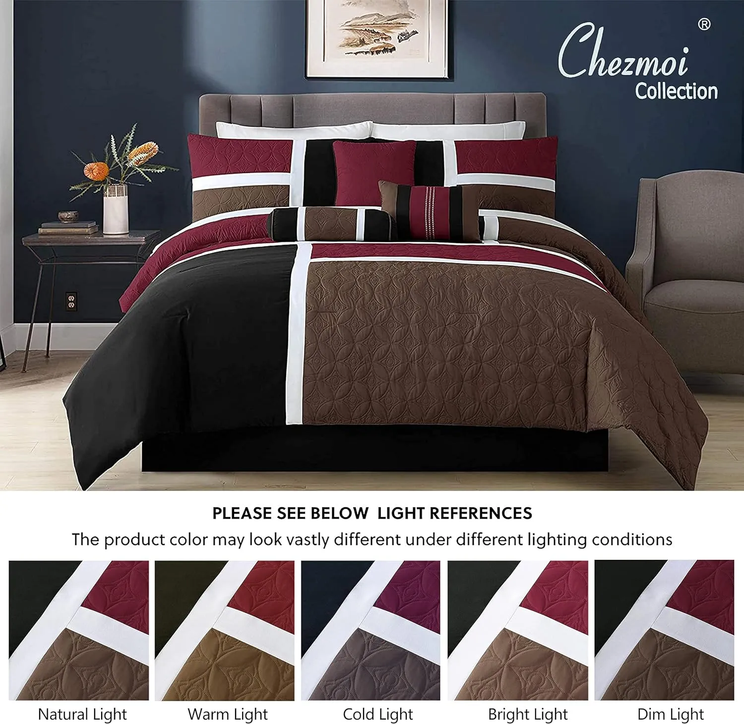 Chezmoi Collection Upland 7-Piece Quilted Patchwork Comforter Set, Burgundy/Black/Brown, King