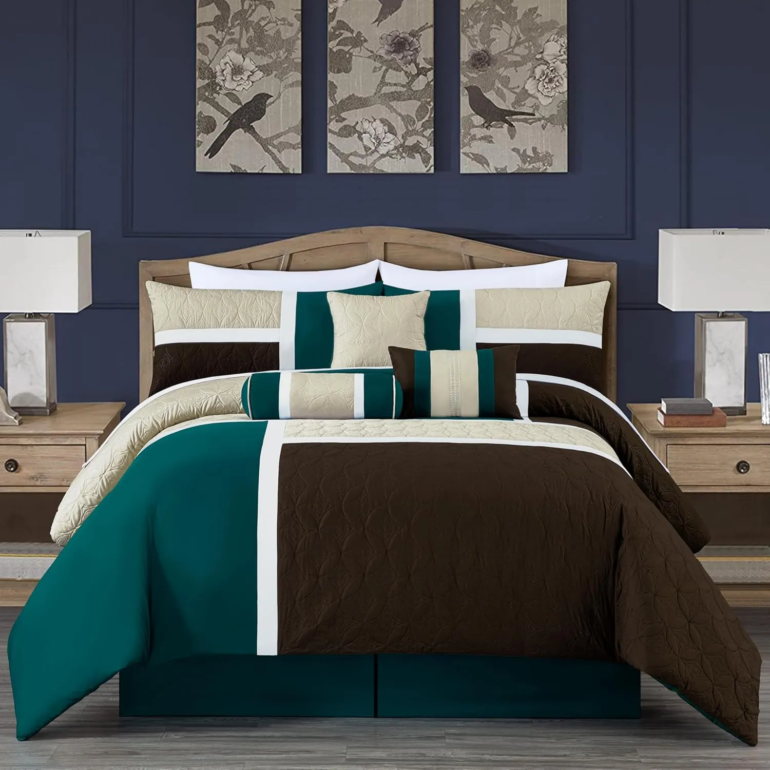 Chezmoi Collection Upland 7-Piece Quilted Patchwork Comforter Set, Teal/Beige/Brown, Queen